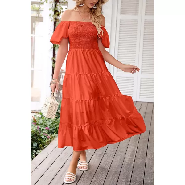 imagePRETTYGARDEN Womens Casual Summer Midi Dress Puffy Short Sleeve Square Neck Smocked Tiered Ruffle DressesOrange