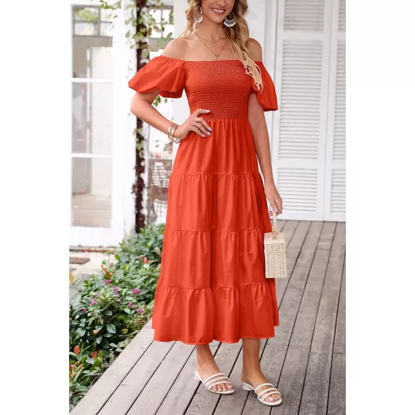 imagePRETTYGARDEN Womens Casual Summer Midi Dress Puffy Short Sleeve Square Neck Smocked Tiered Ruffle DressesOrange