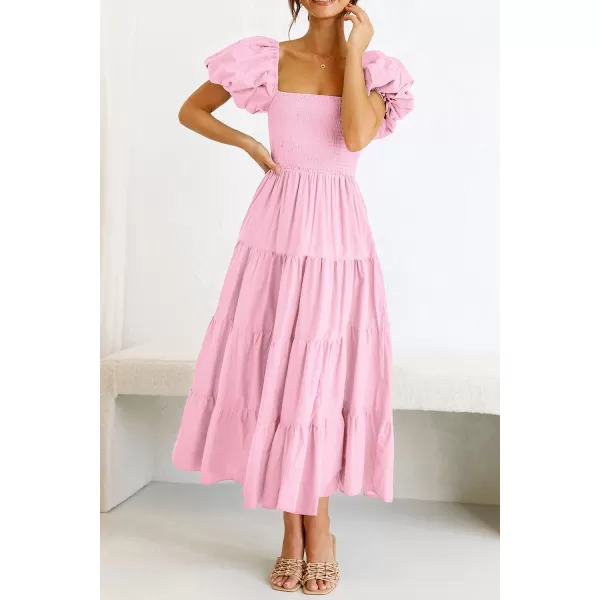 imagePRETTYGARDEN Womens Casual Summer Midi Dress Puffy Short Sleeve Square Neck Smocked Tiered Ruffle DressesPink
