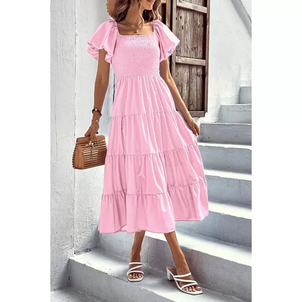 imagePRETTYGARDEN Womens Casual Summer Midi Dress Puffy Short Sleeve Square Neck Smocked Tiered Ruffle DressesPink
