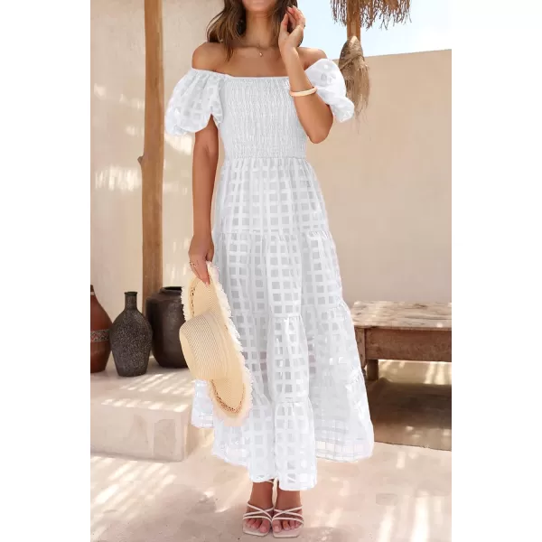 imagePRETTYGARDEN Womens Casual Summer Midi Dress Puffy Short Sleeve Square Neck Smocked Tiered Ruffle DressesPlaid Beige White