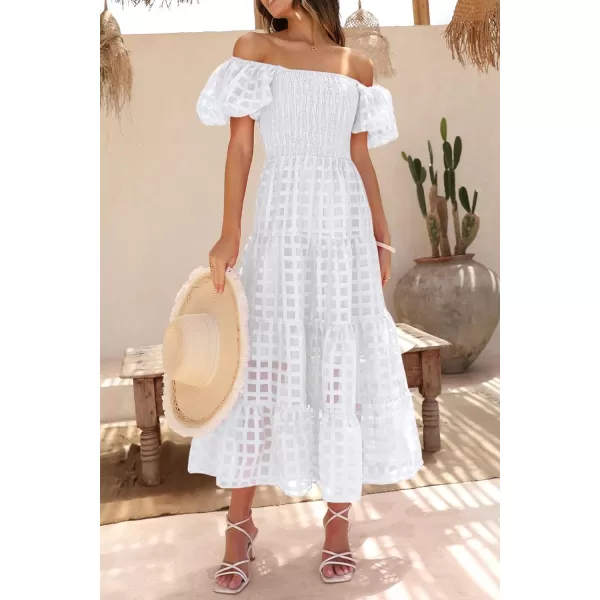 imagePRETTYGARDEN Womens Casual Summer Midi Dress Puffy Short Sleeve Square Neck Smocked Tiered Ruffle DressesPlaid Beige White