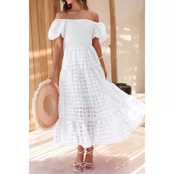 imagePRETTYGARDEN Womens Casual Summer Midi Dress Puffy Short Sleeve Square Neck Smocked Tiered Ruffle DressesPlaid Beige White