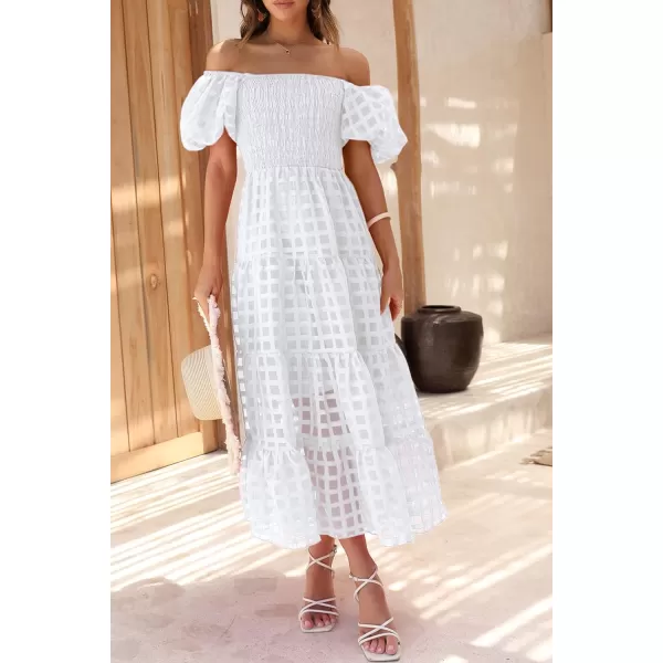 imagePRETTYGARDEN Womens Casual Summer Midi Dress Puffy Short Sleeve Square Neck Smocked Tiered Ruffle DressesPlaid Beige White