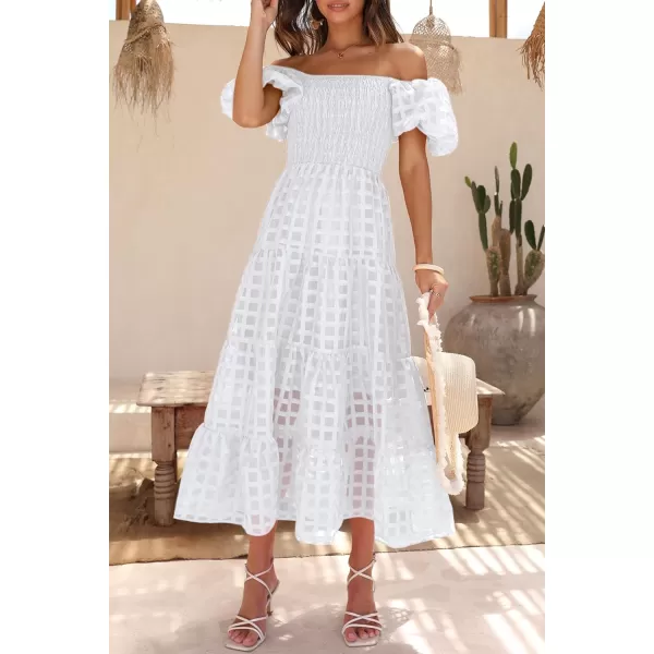 imagePRETTYGARDEN Womens Casual Summer Midi Dress Puffy Short Sleeve Square Neck Smocked Tiered Ruffle DressesPlaid Beige White