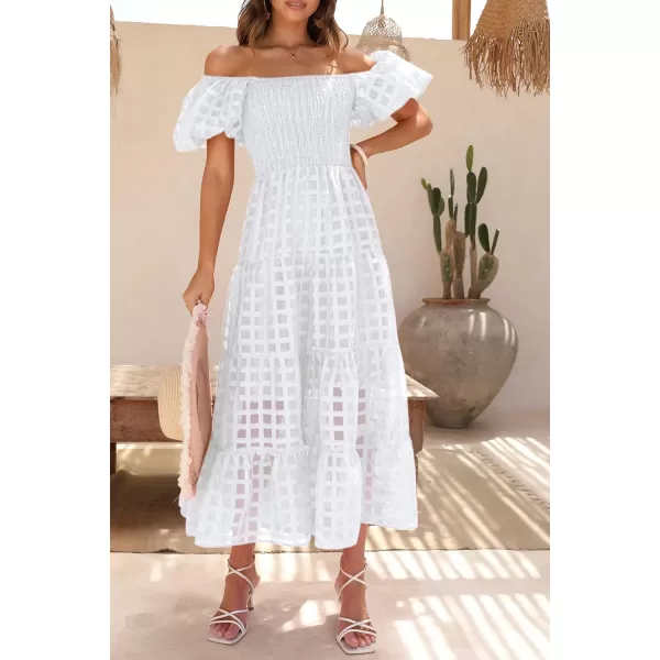 imagePRETTYGARDEN Womens Casual Summer Midi Dress Puffy Short Sleeve Square Neck Smocked Tiered Ruffle DressesPlaid Beige White