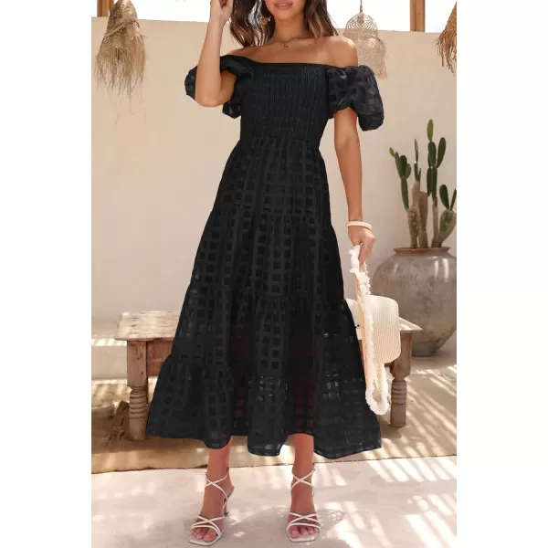 imagePRETTYGARDEN Womens Casual Summer Midi Dress Puffy Short Sleeve Square Neck Smocked Tiered Ruffle DressesPlaid Black