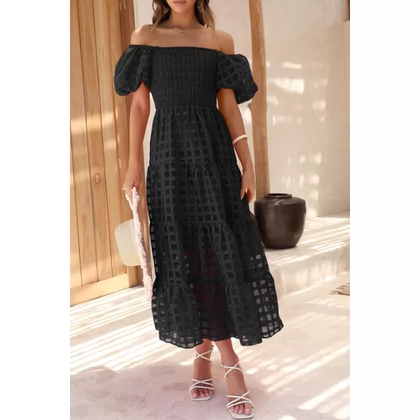 imagePRETTYGARDEN Womens Casual Summer Midi Dress Puffy Short Sleeve Square Neck Smocked Tiered Ruffle DressesPlaid Black