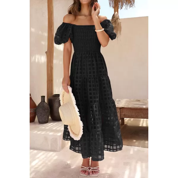 imagePRETTYGARDEN Womens Casual Summer Midi Dress Puffy Short Sleeve Square Neck Smocked Tiered Ruffle DressesPlaid Black