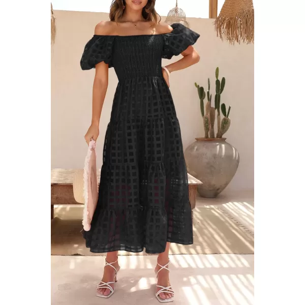 imagePRETTYGARDEN Womens Casual Summer Midi Dress Puffy Short Sleeve Square Neck Smocked Tiered Ruffle DressesPlaid Black