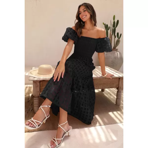 imagePRETTYGARDEN Womens Casual Summer Midi Dress Puffy Short Sleeve Square Neck Smocked Tiered Ruffle DressesPlaid Black