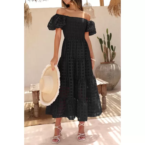imagePRETTYGARDEN Womens Casual Summer Midi Dress Puffy Short Sleeve Square Neck Smocked Tiered Ruffle DressesPlaid Black