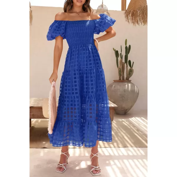 imagePRETTYGARDEN Womens Casual Summer Midi Dress Puffy Short Sleeve Square Neck Smocked Tiered Ruffle DressesPlaid Blue