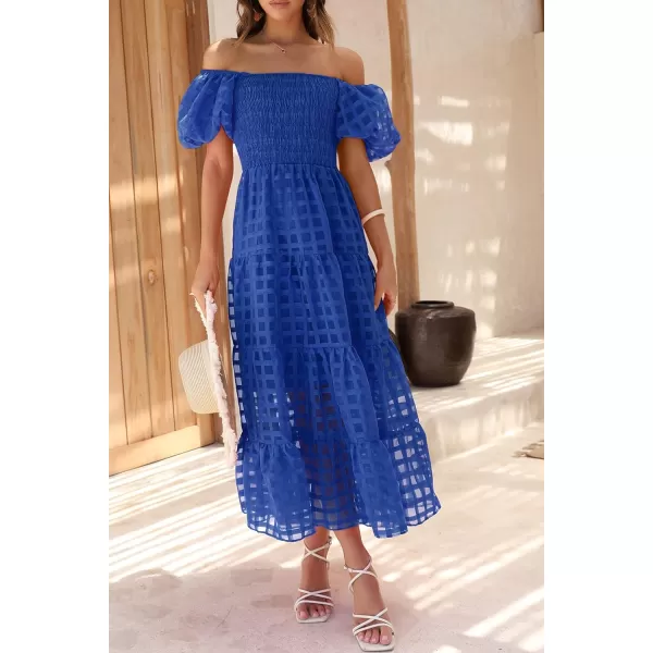 imagePRETTYGARDEN Womens Casual Summer Midi Dress Puffy Short Sleeve Square Neck Smocked Tiered Ruffle DressesPlaid Blue