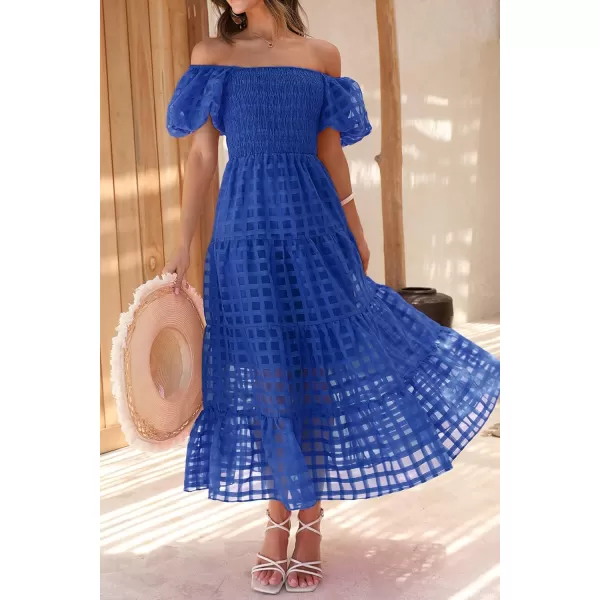imagePRETTYGARDEN Womens Casual Summer Midi Dress Puffy Short Sleeve Square Neck Smocked Tiered Ruffle DressesPlaid Blue