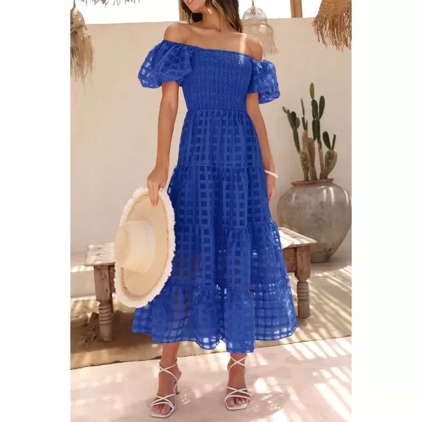 imagePRETTYGARDEN Womens Casual Summer Midi Dress Puffy Short Sleeve Square Neck Smocked Tiered Ruffle DressesPlaid Blue