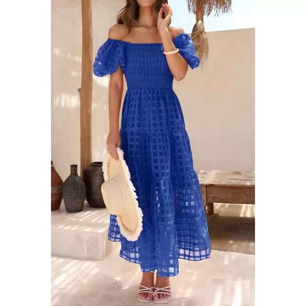 imagePRETTYGARDEN Womens Casual Summer Midi Dress Puffy Short Sleeve Square Neck Smocked Tiered Ruffle DressesPlaid Blue