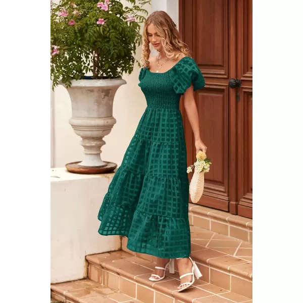 imagePRETTYGARDEN Womens Casual Summer Midi Dress Puffy Short Sleeve Square Neck Smocked Tiered Ruffle DressesPlaid Green