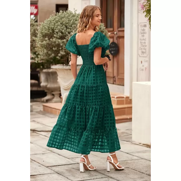 imagePRETTYGARDEN Womens Casual Summer Midi Dress Puffy Short Sleeve Square Neck Smocked Tiered Ruffle DressesPlaid Green