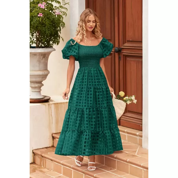 imagePRETTYGARDEN Womens Casual Summer Midi Dress Puffy Short Sleeve Square Neck Smocked Tiered Ruffle DressesPlaid Green