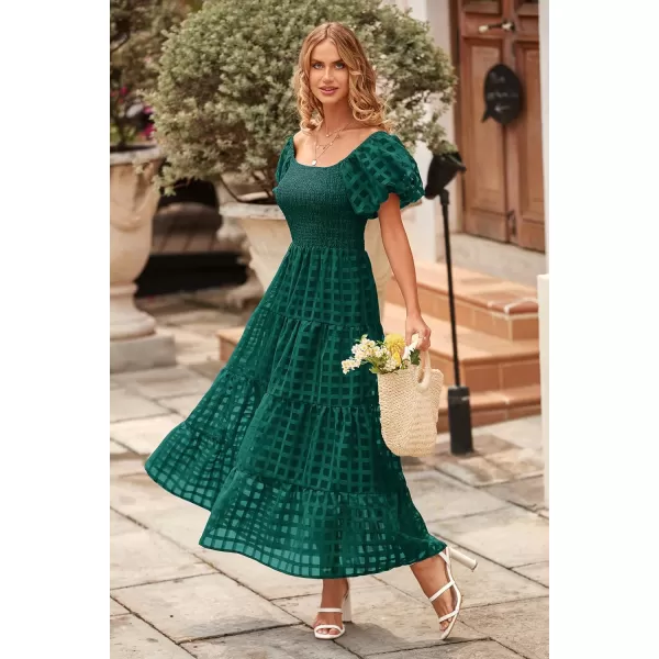 imagePRETTYGARDEN Womens Casual Summer Midi Dress Puffy Short Sleeve Square Neck Smocked Tiered Ruffle DressesPlaid Green