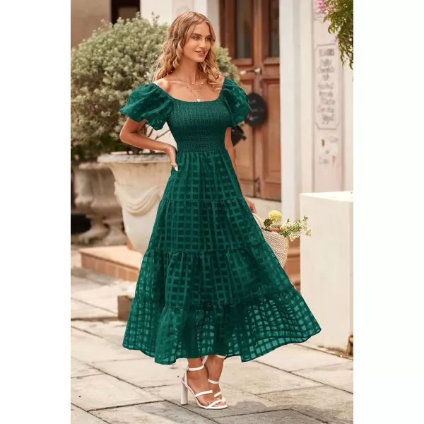 imagePRETTYGARDEN Womens Casual Summer Midi Dress Puffy Short Sleeve Square Neck Smocked Tiered Ruffle DressesPlaid Green