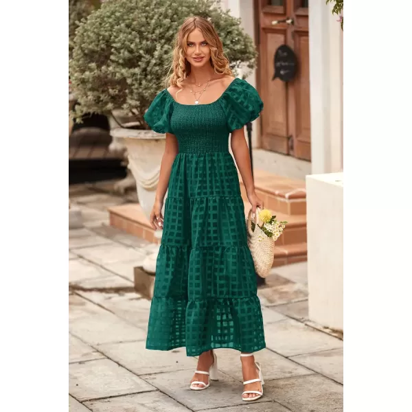 imagePRETTYGARDEN Womens Casual Summer Midi Dress Puffy Short Sleeve Square Neck Smocked Tiered Ruffle DressesPlaid Green