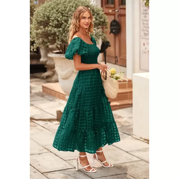 imagePRETTYGARDEN Womens Casual Summer Midi Dress Puffy Short Sleeve Square Neck Smocked Tiered Ruffle DressesPlaid Green