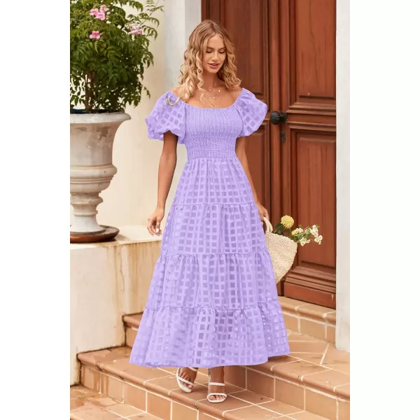 imagePRETTYGARDEN Womens Casual Summer Midi Dress Puffy Short Sleeve Square Neck Smocked Tiered Ruffle DressesPlaid Light Purple