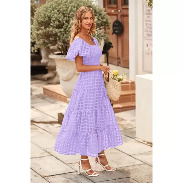 imagePRETTYGARDEN Womens Casual Summer Midi Dress Puffy Short Sleeve Square Neck Smocked Tiered Ruffle DressesPlaid Light Purple