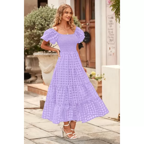imagePRETTYGARDEN Womens Casual Summer Midi Dress Puffy Short Sleeve Square Neck Smocked Tiered Ruffle DressesPlaid Light Purple