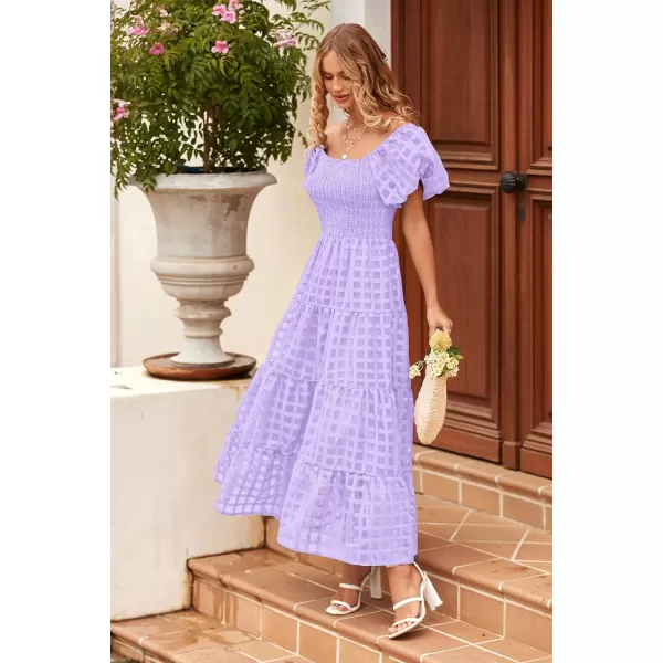 imagePRETTYGARDEN Womens Casual Summer Midi Dress Puffy Short Sleeve Square Neck Smocked Tiered Ruffle DressesPlaid Light Purple