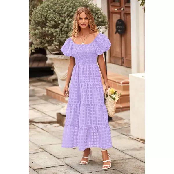 imagePRETTYGARDEN Womens Casual Summer Midi Dress Puffy Short Sleeve Square Neck Smocked Tiered Ruffle DressesPlaid Light Purple