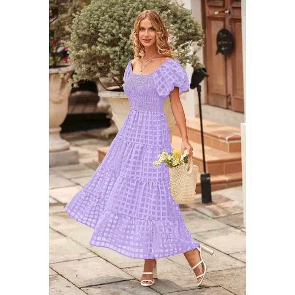 imagePRETTYGARDEN Womens Casual Summer Midi Dress Puffy Short Sleeve Square Neck Smocked Tiered Ruffle DressesPlaid Light Purple