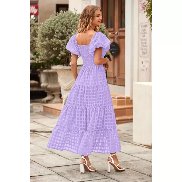 imagePRETTYGARDEN Womens Casual Summer Midi Dress Puffy Short Sleeve Square Neck Smocked Tiered Ruffle DressesPlaid Light Purple