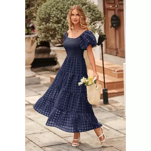 imagePRETTYGARDEN Womens Casual Summer Midi Dress Puffy Short Sleeve Square Neck Smocked Tiered Ruffle DressesPlaid Navy