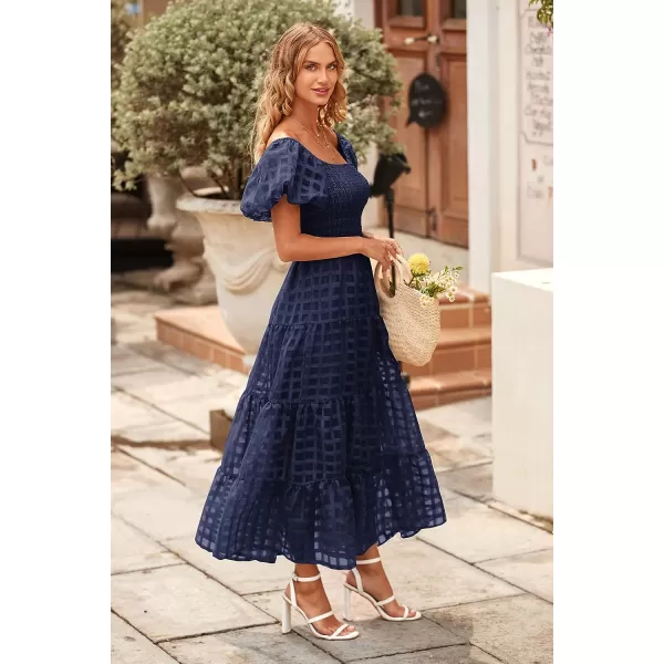 imagePRETTYGARDEN Womens Casual Summer Midi Dress Puffy Short Sleeve Square Neck Smocked Tiered Ruffle DressesPlaid Navy