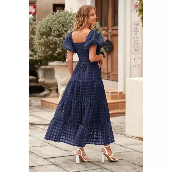 imagePRETTYGARDEN Womens Casual Summer Midi Dress Puffy Short Sleeve Square Neck Smocked Tiered Ruffle DressesPlaid Navy