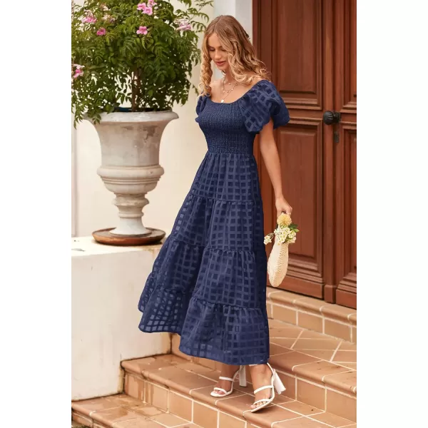 imagePRETTYGARDEN Womens Casual Summer Midi Dress Puffy Short Sleeve Square Neck Smocked Tiered Ruffle DressesPlaid Navy