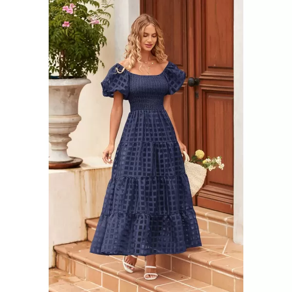 imagePRETTYGARDEN Womens Casual Summer Midi Dress Puffy Short Sleeve Square Neck Smocked Tiered Ruffle DressesPlaid Navy