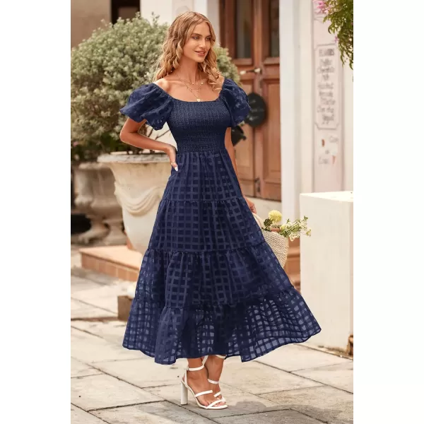 imagePRETTYGARDEN Womens Casual Summer Midi Dress Puffy Short Sleeve Square Neck Smocked Tiered Ruffle DressesPlaid Navy
