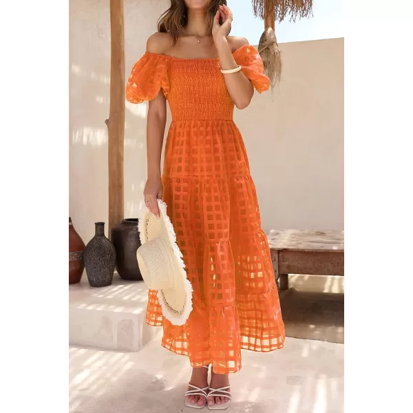 imagePRETTYGARDEN Womens Casual Summer Midi Dress Puffy Short Sleeve Square Neck Smocked Tiered Ruffle DressesPlaid Orange