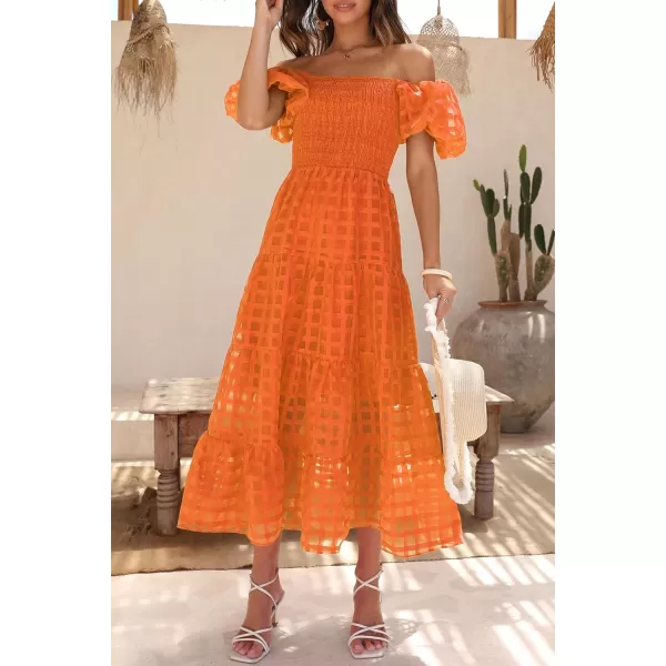imagePRETTYGARDEN Womens Casual Summer Midi Dress Puffy Short Sleeve Square Neck Smocked Tiered Ruffle DressesPlaid Orange
