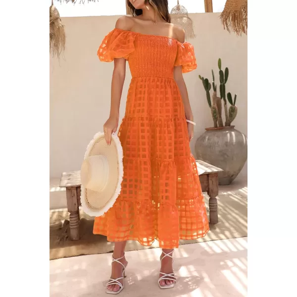 imagePRETTYGARDEN Womens Casual Summer Midi Dress Puffy Short Sleeve Square Neck Smocked Tiered Ruffle DressesPlaid Orange