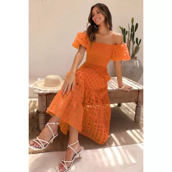 imagePRETTYGARDEN Womens Casual Summer Midi Dress Puffy Short Sleeve Square Neck Smocked Tiered Ruffle DressesPlaid Orange