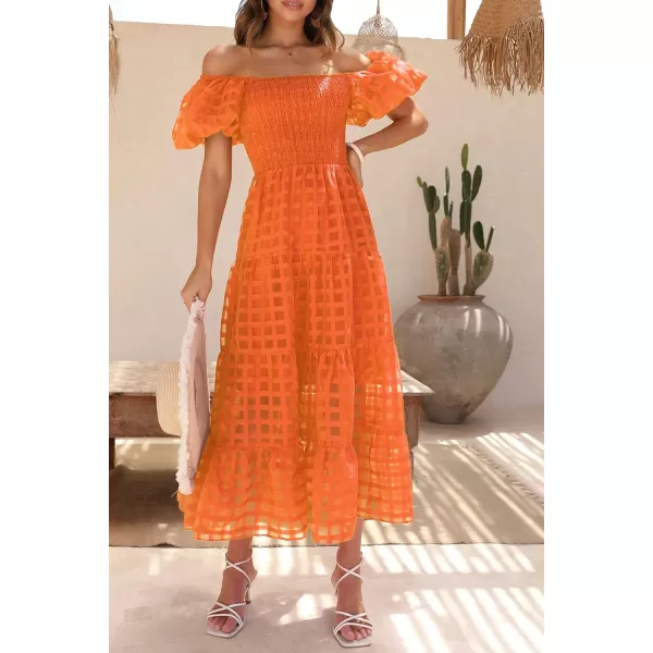 imagePRETTYGARDEN Womens Casual Summer Midi Dress Puffy Short Sleeve Square Neck Smocked Tiered Ruffle DressesPlaid Orange