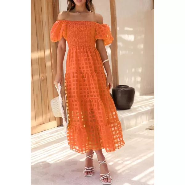 imagePRETTYGARDEN Womens Casual Summer Midi Dress Puffy Short Sleeve Square Neck Smocked Tiered Ruffle DressesPlaid Orange