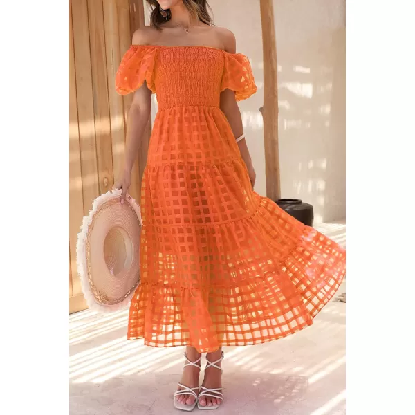 imagePRETTYGARDEN Womens Casual Summer Midi Dress Puffy Short Sleeve Square Neck Smocked Tiered Ruffle DressesPlaid Orange