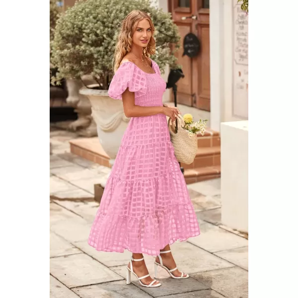 imagePRETTYGARDEN Womens Casual Summer Midi Dress Puffy Short Sleeve Square Neck Smocked Tiered Ruffle DressesPlaid Pink