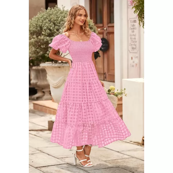 imagePRETTYGARDEN Womens Casual Summer Midi Dress Puffy Short Sleeve Square Neck Smocked Tiered Ruffle DressesPlaid Pink